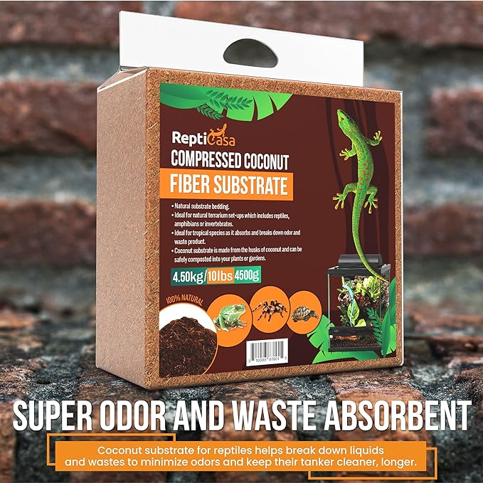 Compressed Coconut Fiber Substrate, 10 lb. Block, Natural Husk Terrarium Bedding, Reptiles, Frogs, Snakes, or Tortoise, Odor and Waste Absorbent Compostable, Organic with High Expansion