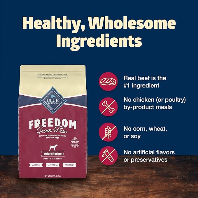 Blue Buffalo Freedom Grain-Free Dry Dog Food, Complete & Balanced Nutrition for Adult Dogs, Made in the USA With Natural Ingredients, Beef & Potatoes, 24-lb. Bag