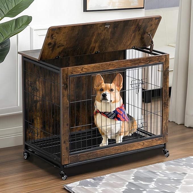 NicBex Dog Crate Furniture, 23.6" L Dog Crates for Small Dogs, Small Dog Crate with Double Doors, Wooden Dog Kennel Indoor for Small Medium Dog up to 25lb, Dog House with Cushion Rustic Brown