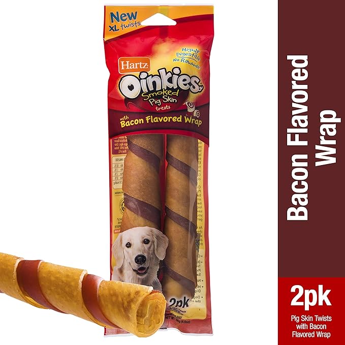 Hartz Oinkies Natural Smoked Pig Skin Twist Bacon Wrapped Xl Dog Treat Chews - 2 Pack
