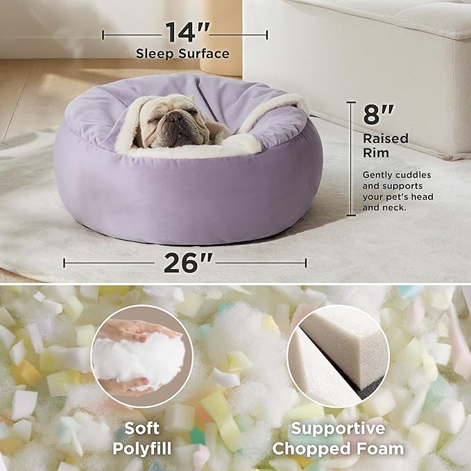 Lesure Medium Dog Bed with Cover Cave - Covered Round Dog Bed for Small and Medium Dogs, Machine Washable Burrow Pet Bed with Hooded Blanket, Cozy Cave Dog Bed with Anti-Slip Bottom, Purple 26"