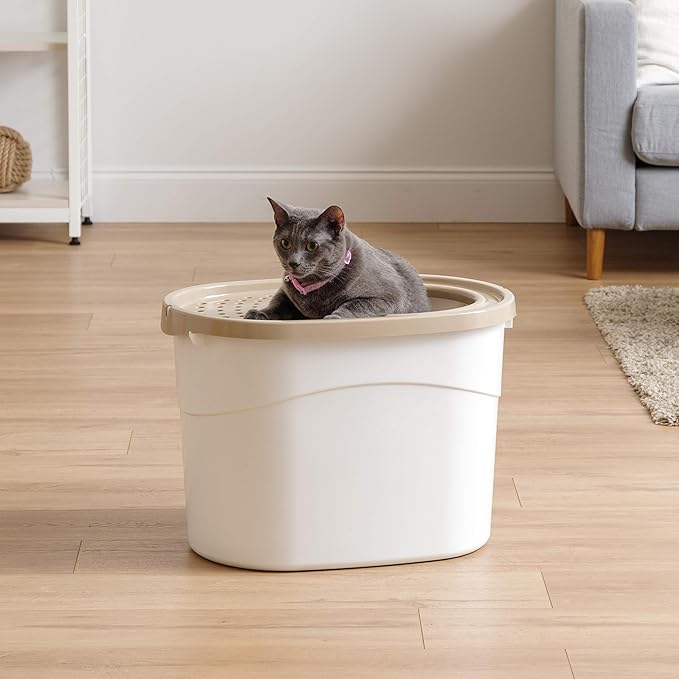 IRIS USA Oval Top Entry Cat Litter Box with Scoop, Kitty Litter Box, Cat Litter Box Enclosure, Large, White/Beige