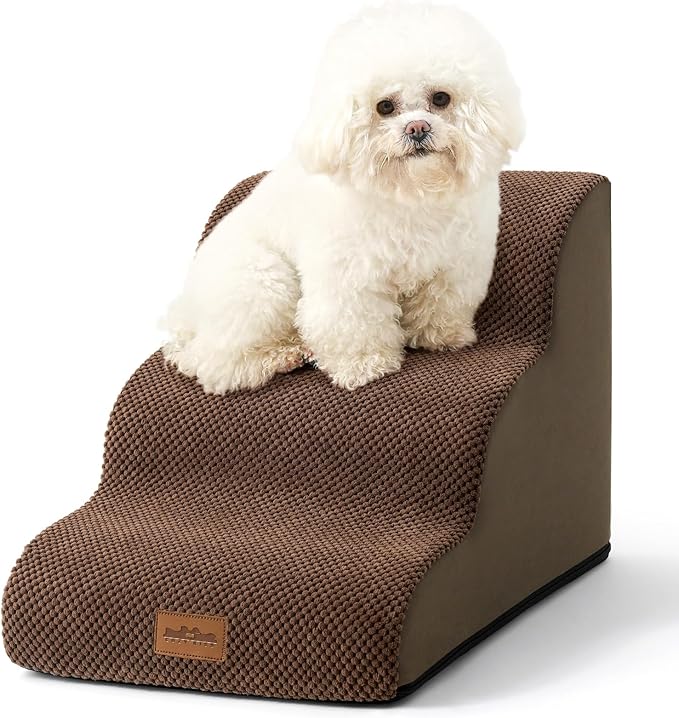 Dog Stairs for Couch or Low Bed, Small Dogs Ramp with Leakproof Fabric Cover, Foam Pet Steps for Cat and Sofa, Lightweight, Non-Slip, Durable, Comfort, 15.7x22.4x15.7in, Brown, 3 Tiers