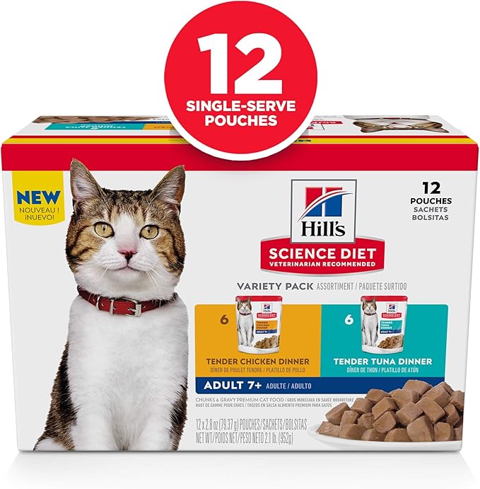 Hill's Science Diet Adult 7+, Senior Adult 7+ Premium Nutrition, Wet Cat Food, Variety Case: Chicken; Tuna Stew, 2.8 oz Pouch Variety Case, Case of 12