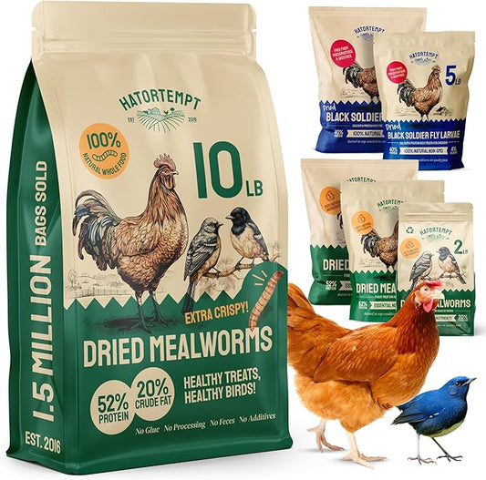 Bulk Dried Mealworms 10 lbs – Premium Organic Non-GMO Dried Mealworms for Chickens – High Protein Chicken Feed Meal Worms for Wild Birds & Chicken Treats for Laying Hens