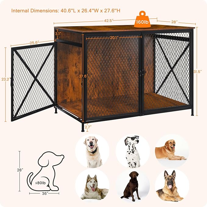 DWANTON Dog Crate Furniture, 42.5" L Three-Door Wooden Dog Kennel Indoor, Connectable expansion, Wooden Dog Crate Table for Small/Medium/Large Dog, Dog House, Dog Cage Large, Rustic Brown