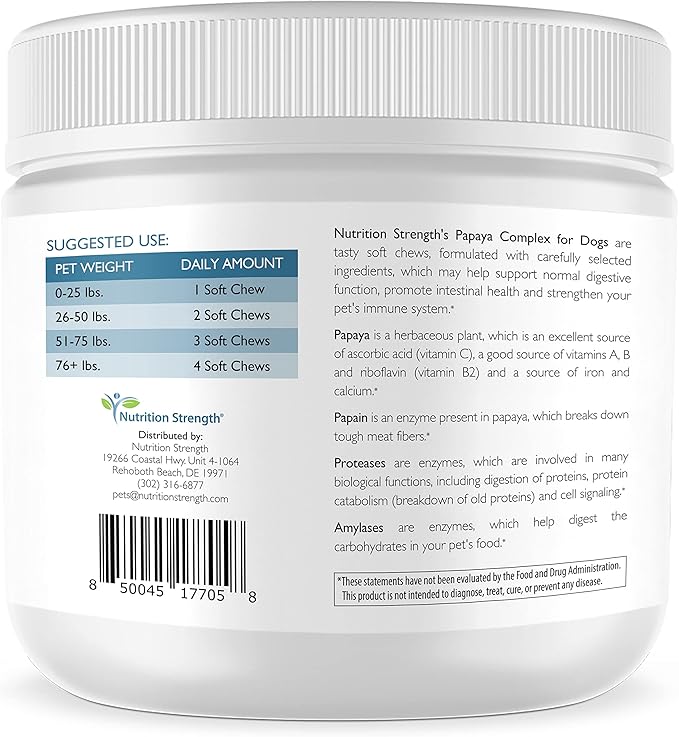 Papaya for Dogs Digestive Enzyme Complex to Support Normal Intestinal Function, Boost Immunity, with Organic Papaya Fruit + Papain, Protease & Amylase, 90 Soft Chews