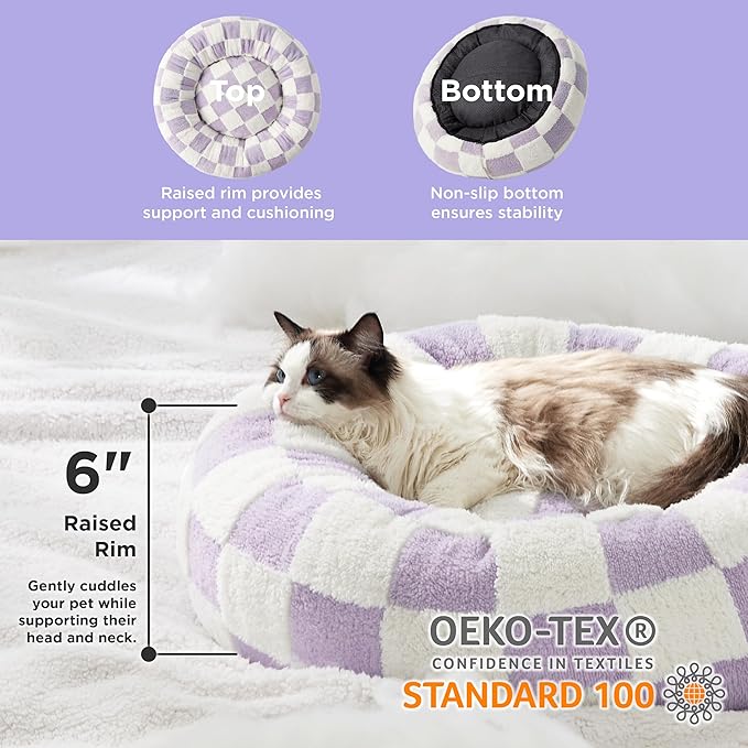 Lesure Cat Beds for Indoor Cats - Round Cat Bed Donut Small Dog Bed Calming Pet Beds, Cute Modern Beds with Jacquard Shaggy Plush & Anti Slip Bottom, 20 Inch, Purple