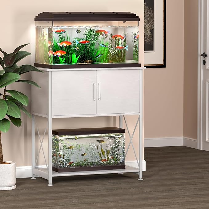 20-29 Gallon Aquarium Stand Metal Frame Fish Tank Stand with Cabinet Storage, for 20 Gallon Long Aquarium,30.7" L*16.5" W Tabletop,330LBS Capacity White PG01YGW