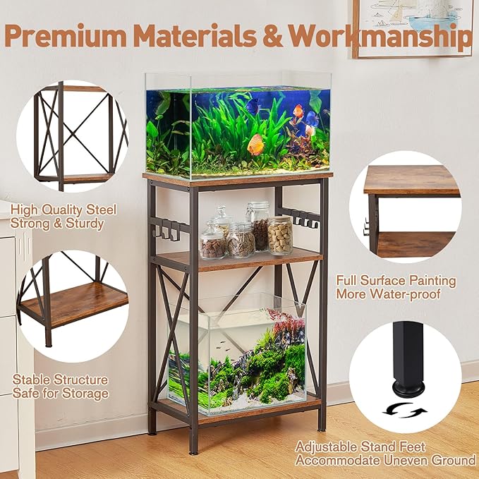 10 Gallon Fish Tank Stand with Shelf, Double Aquarium Stand for 10&5 Gal Fish Tank, 3-Tier Heavy Metal Stand with Stable Structure, Adjustable Table Feet&Anti-tilt Device - Rustic Brown