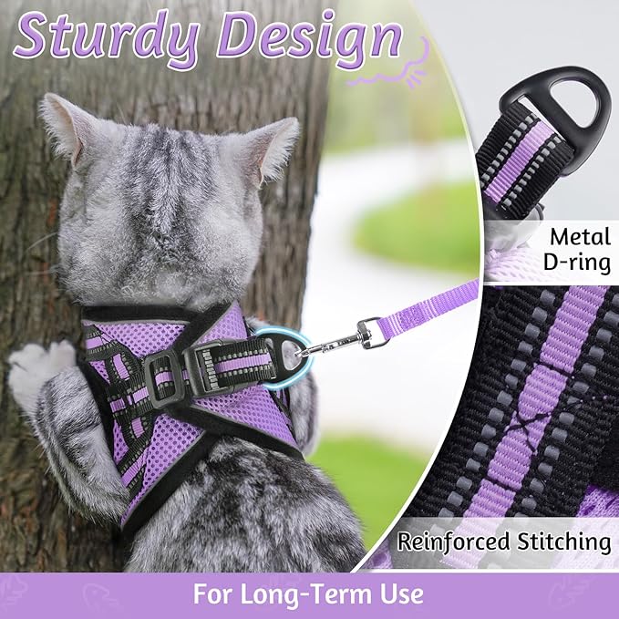 rabbitgoo Cat Harness and Leash Set for Walking Escape Proof, Adjustable Soft Kittens Vest with Reflective Strip for Cats, Comfortable Outdoor Vest, Light Purple, L