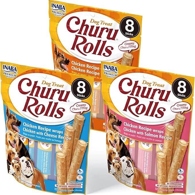 INABA Churu Rolls for Dogs, Grain-Free, Soft/Chewy Baked Chicken Wrapped Churu Filled Dog Treats, 0.42 Ounces Each Stick| 24 Stick Treats Total, 3 Flavor Variety Pack (24 Sticks)