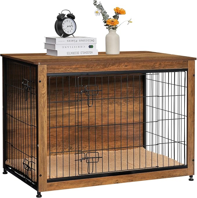 DWANTON Dog Crate Furniture with Cushion, Large Wooden Dog Crate with Double Doors, Dog Furniture, Indoor Dog Kennel, Dog House, Large, 38.5" L, Warm Brown