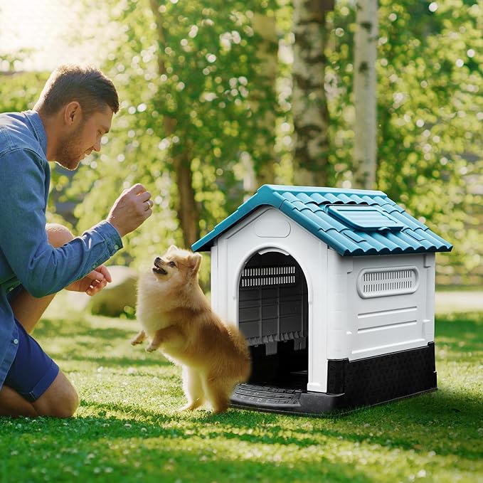 YITAHOME 26.8'' Folding Large Dog House Outdoor Plastic Doghouse with Adjustable Skylight and Elevated Base Water Resistant Pet House for Small Dogs (26.8''L*22.4''W*26''H)