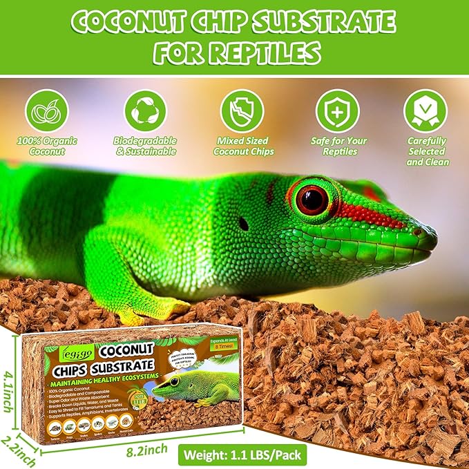 Legigo 4 Pack Coco Husk Substrate for Reptiles, Natural Coconut Chip Reptiles Bedding, Compressed Coco Husk Chips Terrarium Substrate for Snake, Tortoise, Ball Python, Gecko, Lizard, Bearded Dragon