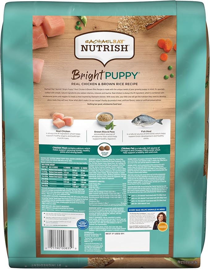 Rachael Ray Nutrish Bright Puppy Premium Natural Dry Dog Food with Added Vitamins, Minerals & Taurine, Real Chicken & Brown Rice Recipe, 14 Pound Bag (Packaging May Vary)