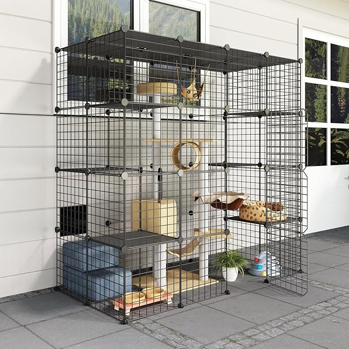 Outdoor Cat House, Cages Enclosure with Super Large Enter Door, 55.1L x 27.6W x 55.1H Balcony Cat Playpen with Platforms,DIY Kennels Crate, Exercise Place Ideal for 1-4 Cats, BLACK