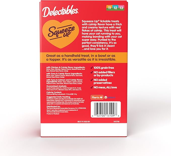 Hartz Delectables Squeeze Up Interactive Lickable Wet Cat Treats for Adult & Senior Cats, Variety with Catnip, 32 Count