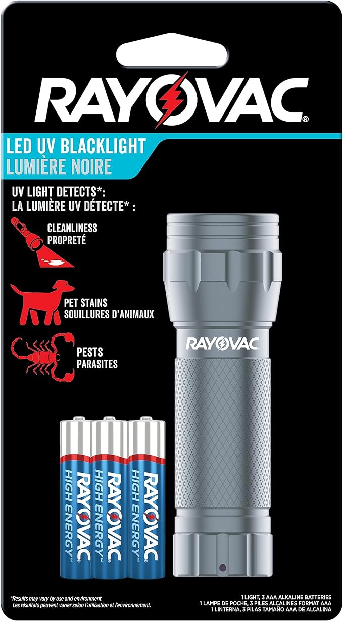 Rayovac UV Flashlight Black Light, Ultraviolet Light for Detecting Pet Stains and Auto Leaks, Flash Light with AAA Batteries Included, Pack of 1