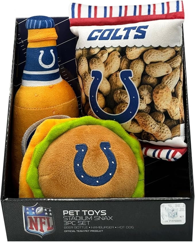 Pets First NFL Indianapolis Colts Football Stadium Snax Gift Boxset, Set of 3 Dog Toys with Inner Squeakers. Football Themed Dog Toys with NFL Team Logo