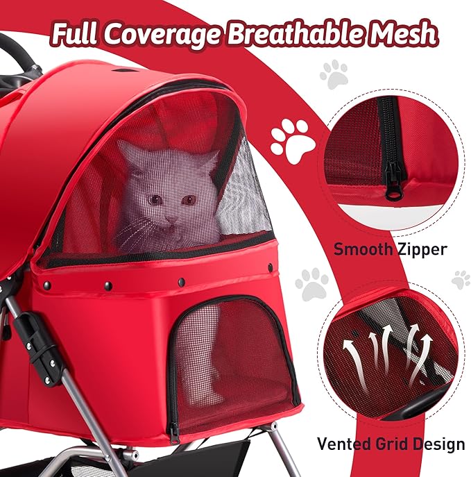 Pet Stroller 4 Wheels Dog Cat Stroller for Medium Small Dogs Cats, Folding Cat Jogger Stroller with Storage Basket & Breathable Mesh, Easy to Walk Travel Carrier, Red