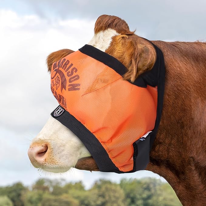 Harrison Howard Cattle Livestock Fly Mask Breathable Mesh Padded Edging with Fun Patterns Large Spacing Forelock Opening Design Adjustable Fit for Cattle Orange