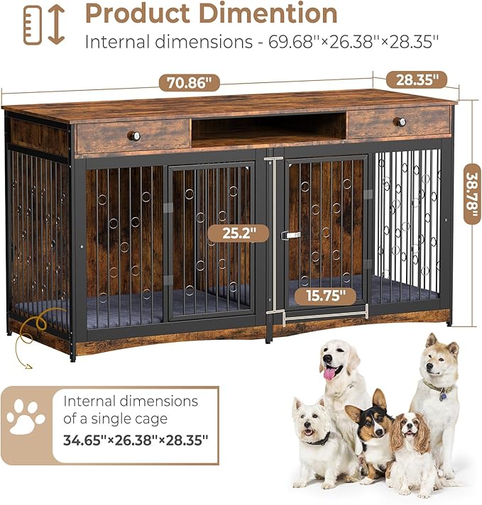 71'' Dog Crate Furniture for 2 Dogs, Wooden Double Dog Crate Large Breed with 2 Drawers, XXL Dog Kennel TV Stand End Table with Divider Cushion for Large Medium Dogs, Brown