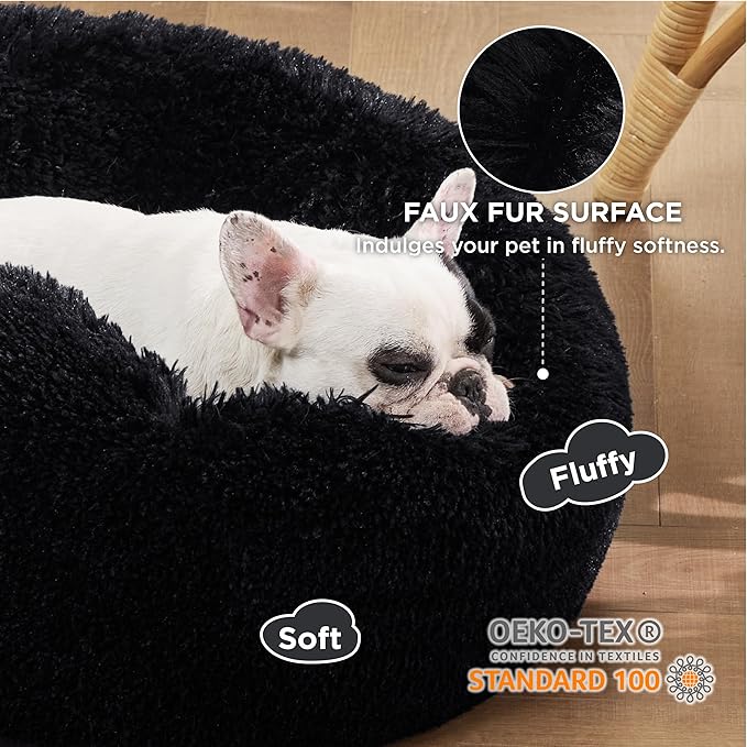 Bedsure Calming Dog Bed for Small Dogs - Donut Washable Small Pet Bed, 23 inches Anti-Slip Round Fluffy Plush Faux Fur Large Cat Bed, Fits up to 25 lbs Pets, Black