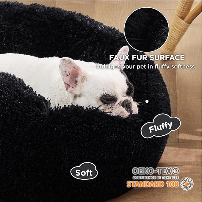 Bedsure Calming Dog Bed for Small Dogs - Donut Washable Small Pet Bed, 23 inches Anti-Slip Round Fluffy Plush Faux Fur Large Cat Bed, Fits up to 25 lbs Pets, Black