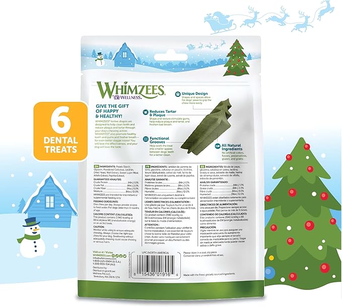 Whimzees by Wellness Holiday Natural Grain Free Dental Chews for Dogs, Medium Breed, 6 count