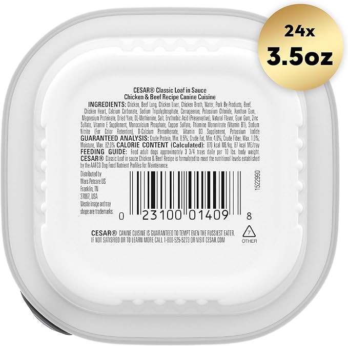 CESAR Adult Wet Dog Food Classic Loaf in Sauce Chicken & Beef Recipe, 3.5 oz. Easy Peel Trays, Pack of 24