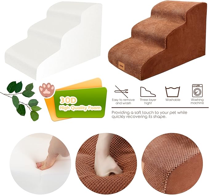 Foam Dog Stairs/Steps, 3 Tiers Pet Ramp/Ladder with Waterproof Cover for Bed Couch Sofa, Non-Slip, Dog Stair for Small Dogs Cats with Old/Injured/Short-Legged, 15.7" H Brown…