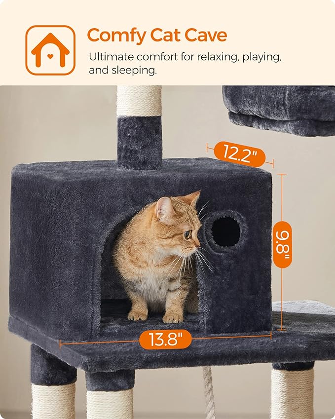 FEANDREA Cat Tree, Cat Tower for Indoor Cats, 56.3-Inch Cat Condo with Scratching Posts, Hammock, Plush Perch, Smoky Gray UPCT15GYZ