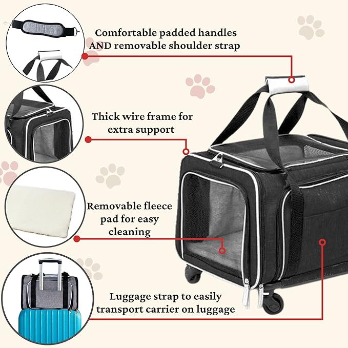 Airline Approved Expandable Premium Pet Carrier on Wheels- Two Sided Rolling Carrier- Designed for Dogs & Cats- Extra Spacious Soft Lined Carrier! (Black) (RL-PET-CARRIER-WHEELS)