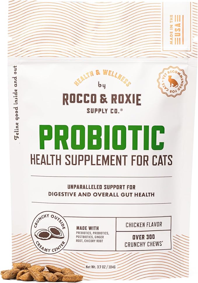 Rocco & Roxie Cat Probiotic Health Supplement for Cats, Prebiotic and Postbiotic for Digestive + Gut Support, Constipation Relief, Anti Diarrhea, Supplements & Vitamins, Chicken Flavored Crunchy Chews