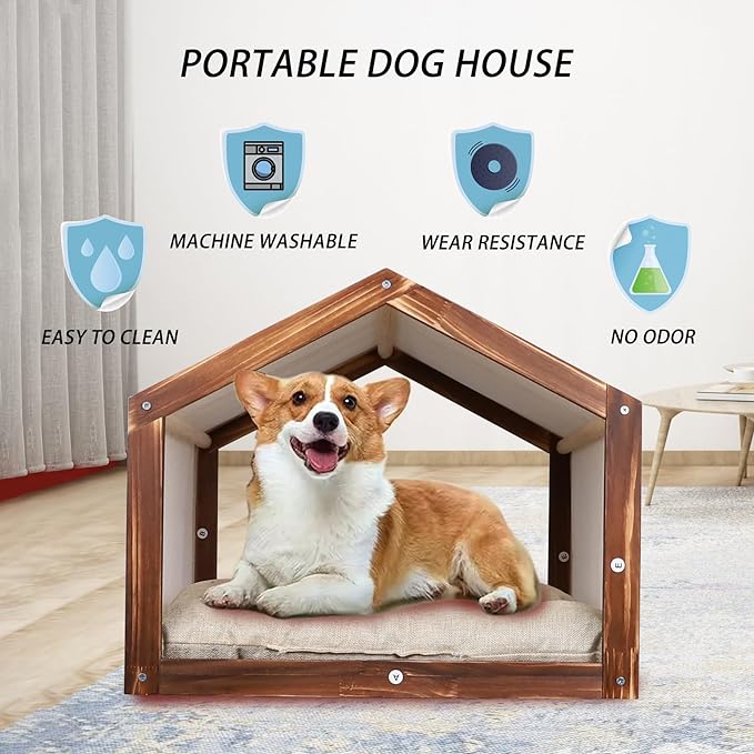 Dog House with Wooden Frame for Small Dogs or Cats Pet House with Fabric Cushion for Indoor (Beige)