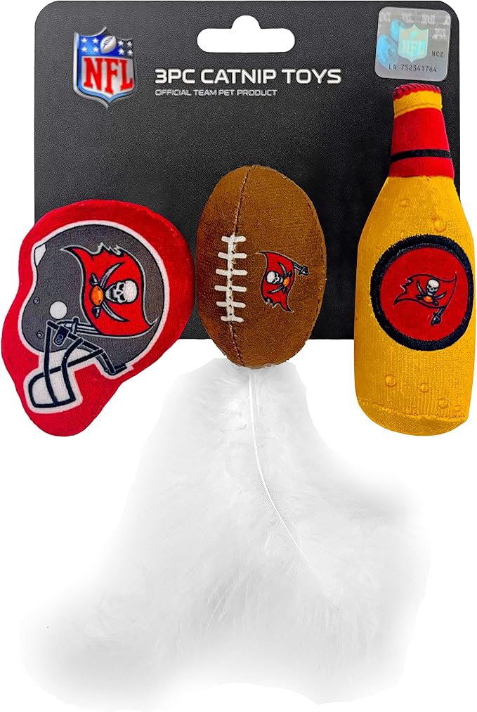 BEST PLUSH CAT TOY - NFL TAMPA BAY BUCCANEERS Complete Set of 3 piece Cat Toys filled with Fresh Catnip. Incld: 1 Helmet Cat Toy, 1 Football Cat Toy with Feathers & 1 Beer Bottle. Beautiful Team LOGOS