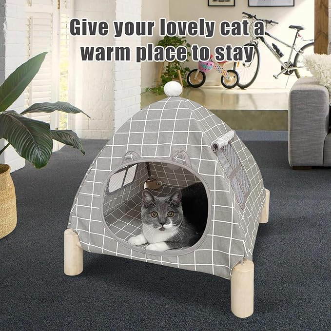 Pozico 2 in 1 Cat Bed Tent Wooden Frame Cat Teepee Cat Hammock, Quick Assembly and Disassembly, Portable Indoor/Outdoor Pet Dog Tent House for Cats Puppies Small Animals:Grey Grid Tent