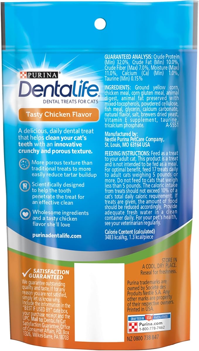 Purina DentaLife Made in USA Facilities Cat Dental Treats, Tasty Chicken Flavor - (Pack of 10) 1.8 oz. Pouches