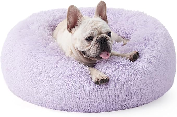 Bedsure Calming Dog Bed for Small Dogs - Donut Washable Small Pet Bed, 23 inches Anti-Slip Round Fluffy Plush Faux Fur Large Cat Bed, Fits up to 25 lbs Pets, Purple