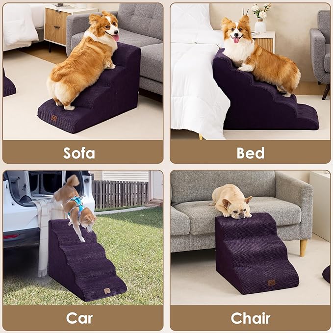 EHEYCIGA Curved Dog Stairs for Small Dogs 15.7" H, 3-Step Dog Steps for Couch Sofa and Chair, Pet Stairs for Cats, Non-Slip Balanced Pet Steps Indoor, Purple
