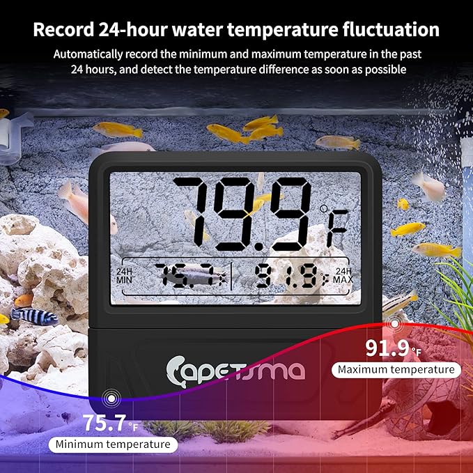 capetsma Aquarium Thermometer Digital Fish Tank Thermometer Large LCD Screen Records High & Low Water Temperature in 24 hrs