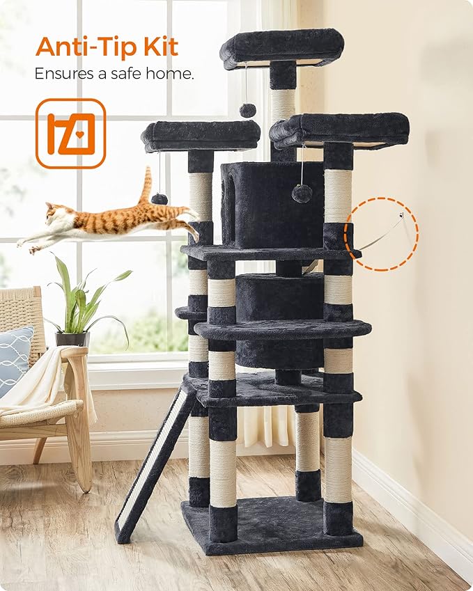 FEANDREA 67-Inch Multi-Level Cat Tree for Large Cats, with Cozy Perches, Stable, Smoky Gray UPCT18G