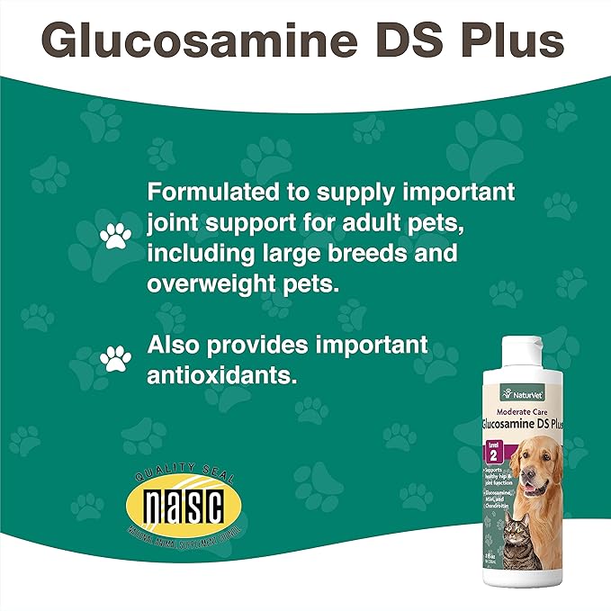 NaturVet Glucosamine DS Plus Hip & Joint Support Liquid Pet Supplement – Level 2 Moderate Care for Dogs & Cats – Includes Glucosamine, MSM, Chondroitin – 8 Oz.