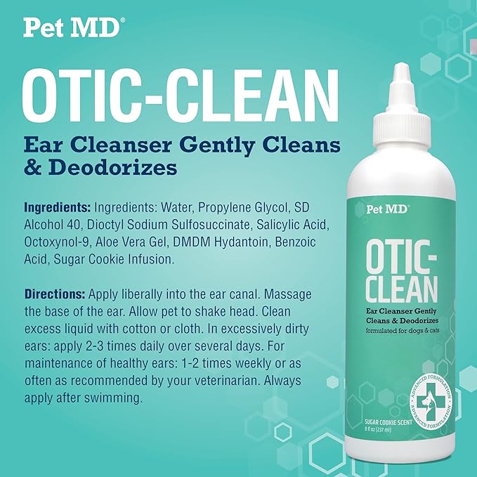 Pet MD Cat & Dog Ear Cleaner - Otic Ear Solution for Dogs - Pet Ear Cleaner - Cat Ear Cleaner Liquid - Cat & Dog Cleaning Supplies - Sugar Cookie Scent - 8 oz.