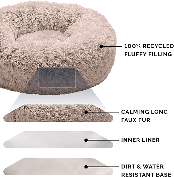 Furhaven 30" Round Calming Donut Dog Bed for Medium/Small Dogs, Refillable w/ Removable Washable Cover, For Dogs Up to 45 lbs - Shaggy Plush Long Faux Fur Donut Bed - Taupe, Medium