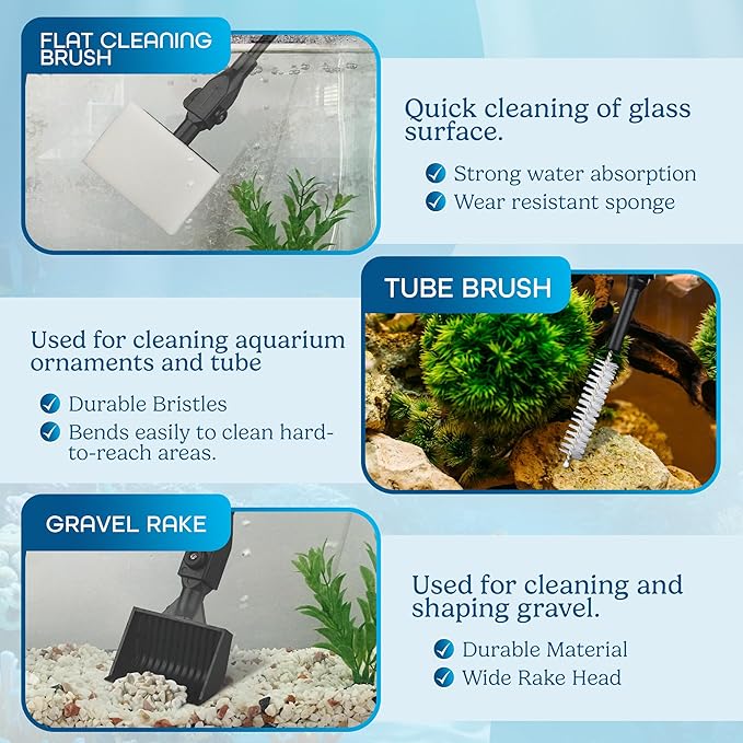 Aquarium Cleaning Tools 7 in 1 - Fish Tank Cleaning Kit with Algae Scraper, Scrubber Pad, Adjustable Telescopic Long Handle, Fish Net, Gravel Rake, Fork & Brush - Saltwater & Freshwater Fish Tank