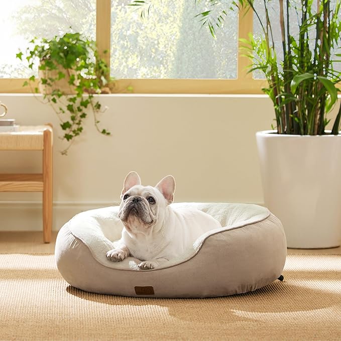 Bedsure Dog Bed for Medium Dogs - Round Washable Medium Pet Bed, Anti-Slip Donut Fluffy Plush Indoor Fur Cat Bed, 30 inches, Camel