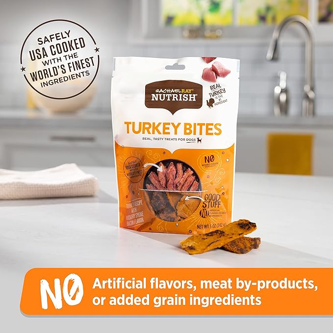 Rachael Ray Nutrish Turkey Bites Real Meat Grain Free Dog Treats, Turkey Recipe with Hickory Smoked Bacon Flavor, 5 Ounce (Pack of 5) Packaging May Vary