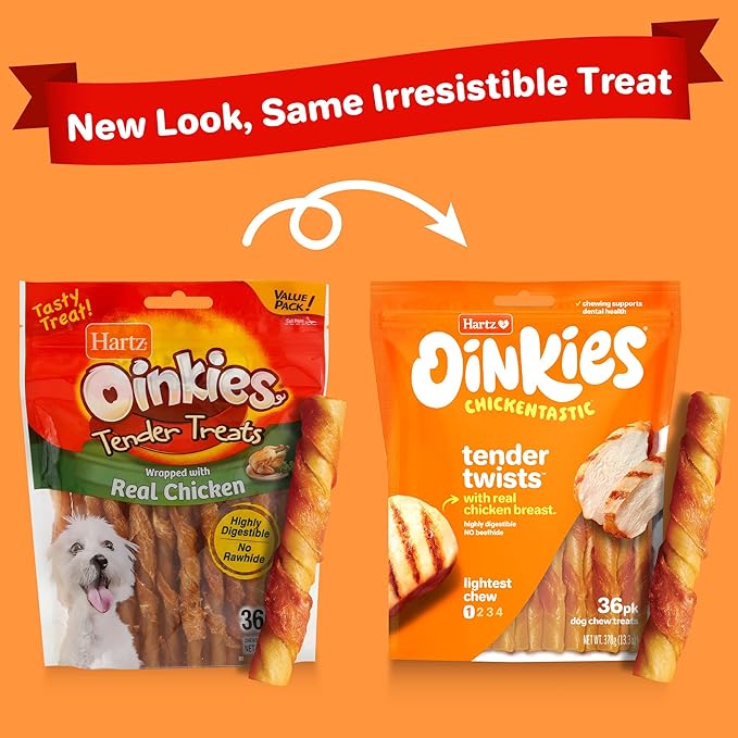 Hartz Oinkies Rawhide-Free Tender Treats Wrapped with Chicken Dog Treats Chews, 72 Count, Highly Digestible, No Artificial Flavors, Perfect for Smaller and Senior Dogs